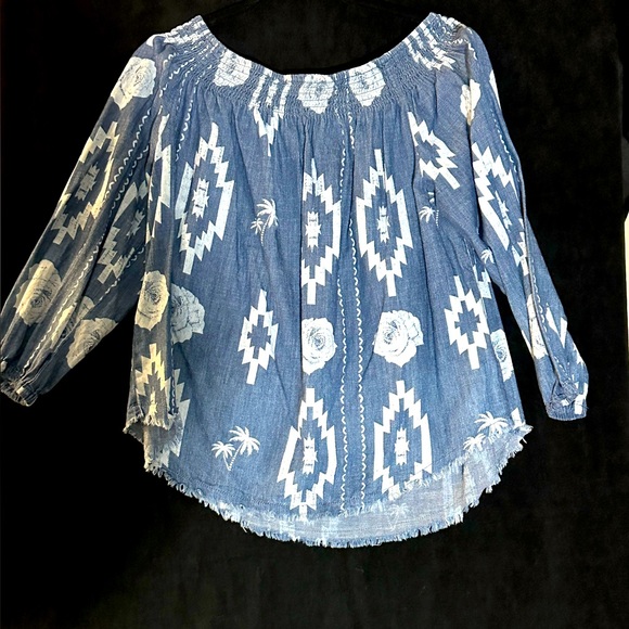 Mac & Me Tops - Mac & Me  Chambray denim roses Aztec off the shoulder shirt, Size L